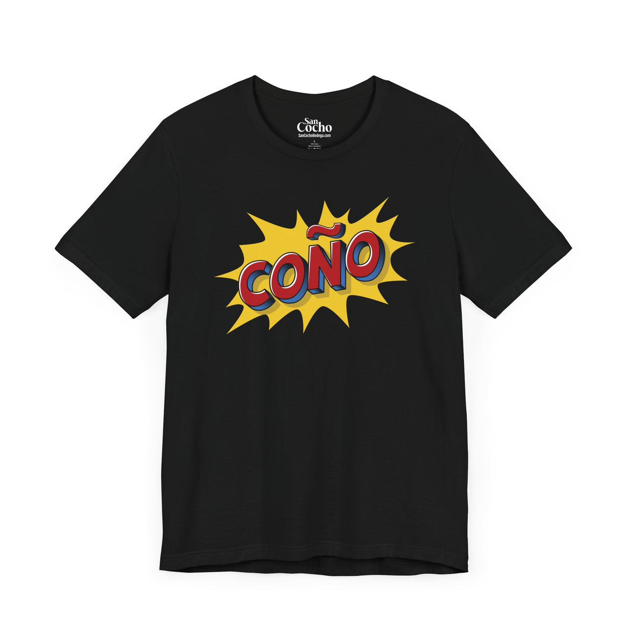 A black flat lay mockup of a graphic Bella Canvas 3001 graphic tshirt in comic book style with the words "Coño" on the front