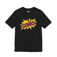 Thumbnail for A black flat lay mockup of a graphic Bella Canvas 3001 graphic tshirt in comic book style with the words 