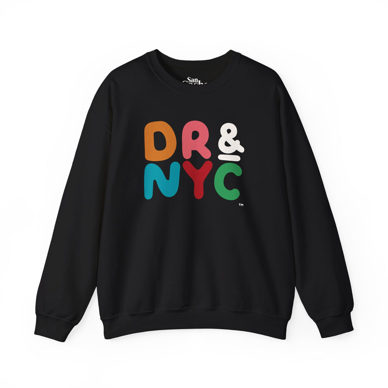 Black Gildan 18000 graphic crew neck sweatshirt with the letters "DR & NYC" representing the Dominican Republic and New York City on the front