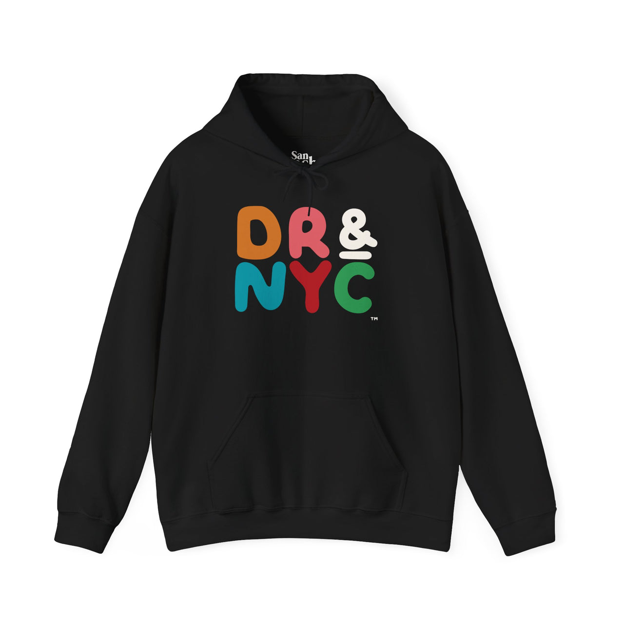 Black Gildan 18500 graphic hoodie with the letters "DR & NYC" on the front