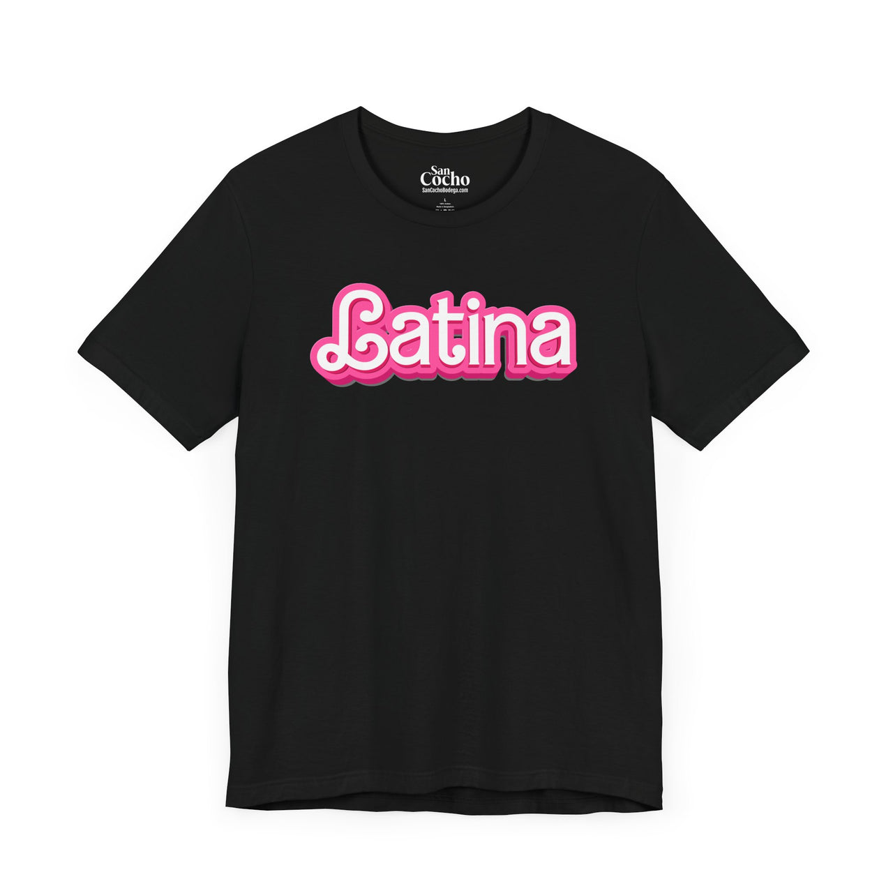 A black flat lay mockup of a graphic  Bella Canvas 3001 graphic tshirt with the words "Latina" in a barbie font on the front