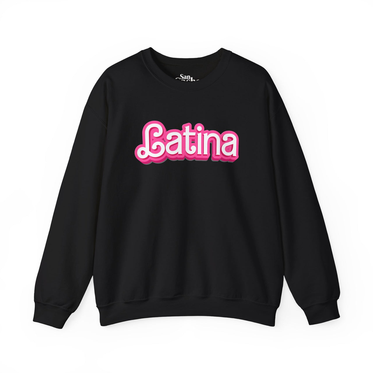 Black Gildan 18000 graphic crew neck sweatshirt with the words "Latina" on the front in a Barbie font