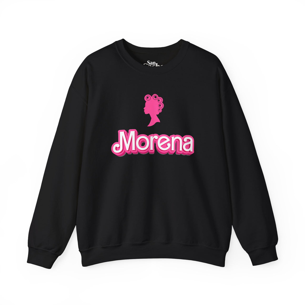 Black Gildan 18000 graphic crew neck sweatshirt with a Barbie con Rollos graphic and the words "Morena" on the front