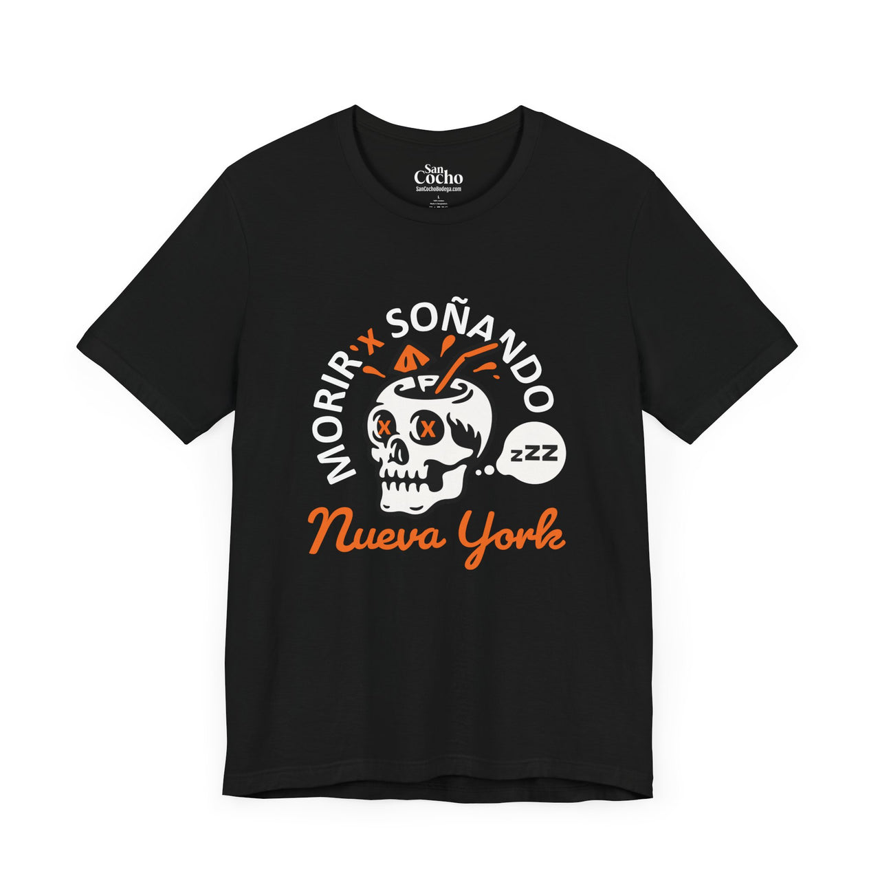 A black flat lay mockup of a Bella Canvas 3001 graphic tshirt with a skull drink and the words "Morir Soñando Nueva York" on the front