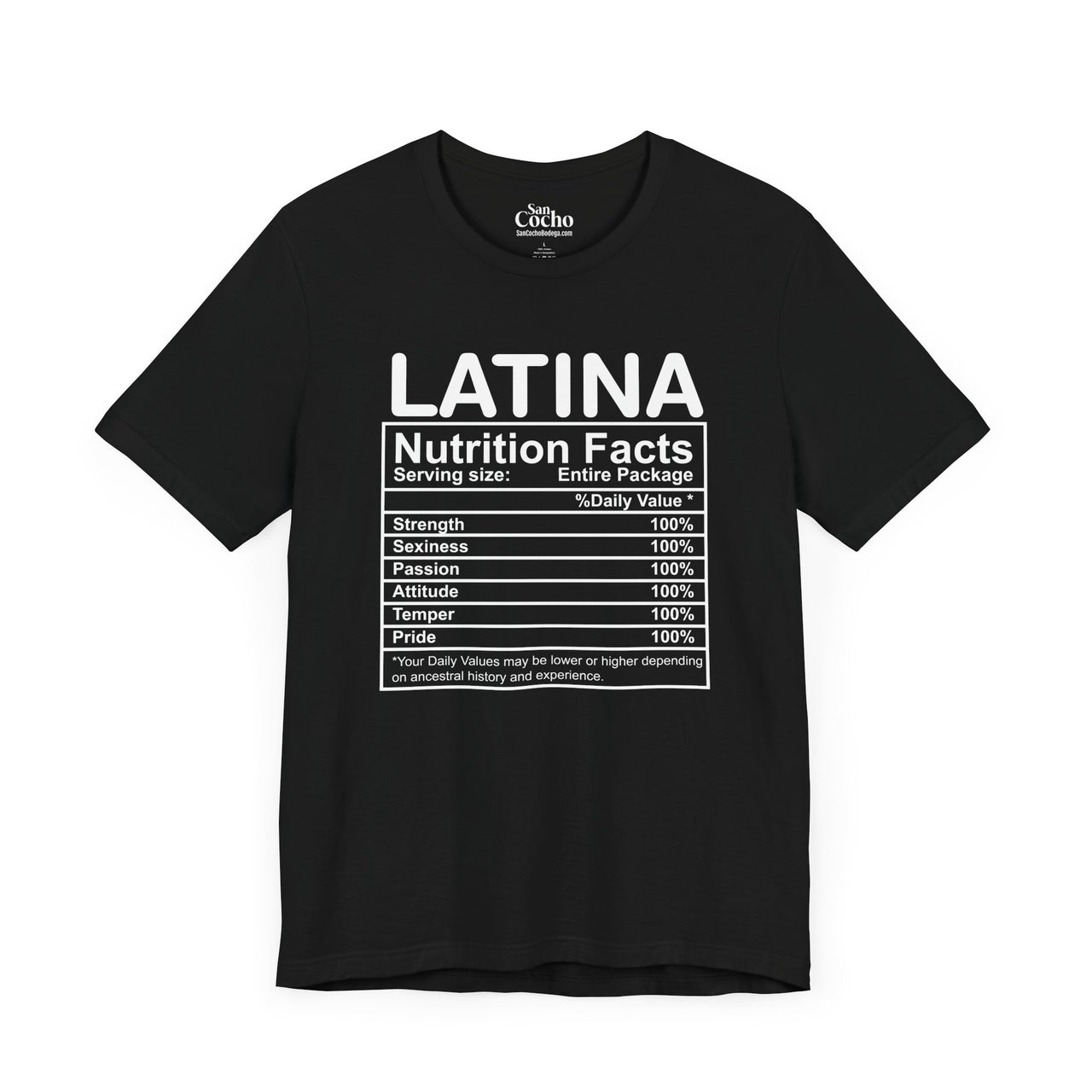 A black flat lay mockup of a Bella Canvas 3001 graphic tshirt with the words "Latina Nutrition Facts" followed by an ingredients label on the front