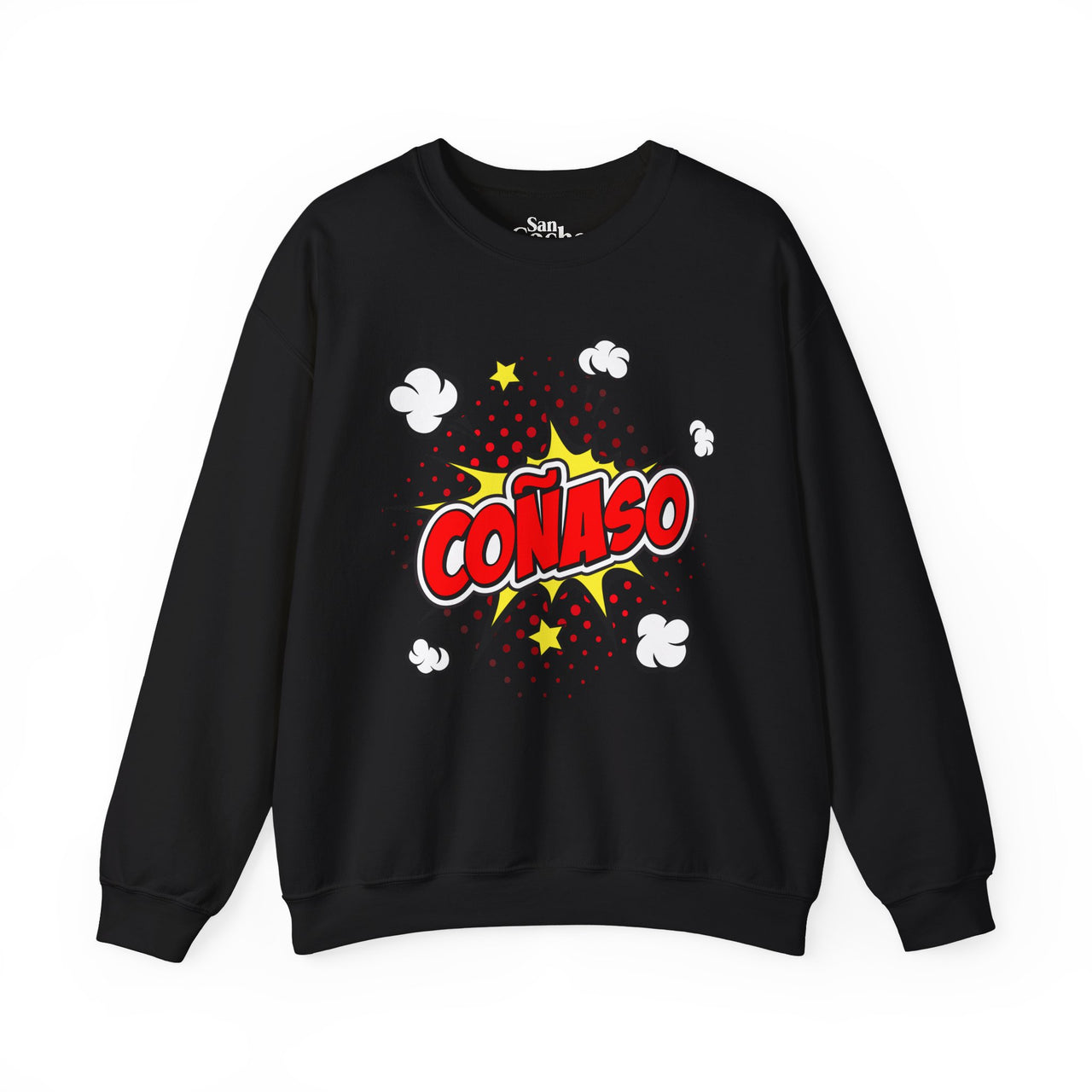 Black Gildan 18000 graphic crew neck sweatshirt comic book style with the words "Coñaso" on the front