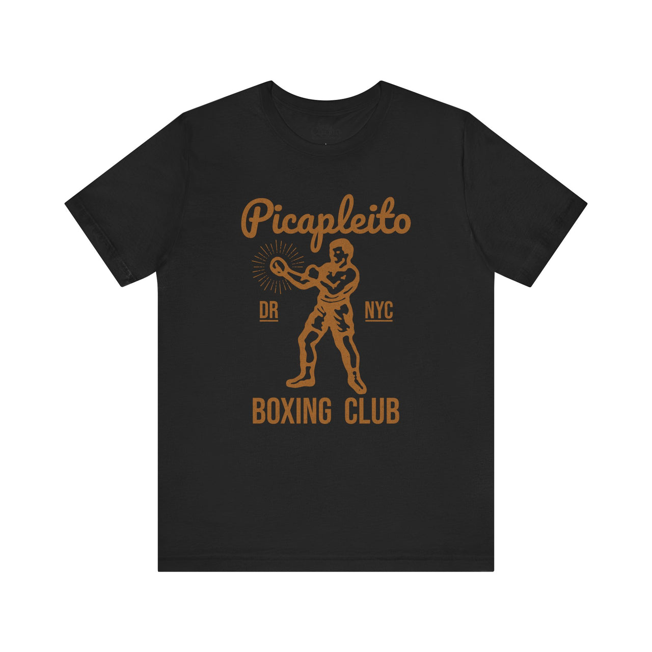 Black Bella Canvas 3001 graphic tshirt with a vintage image of a guy in boxing gloves with the words "Picapleito DR NYC Boxing Club" on the front