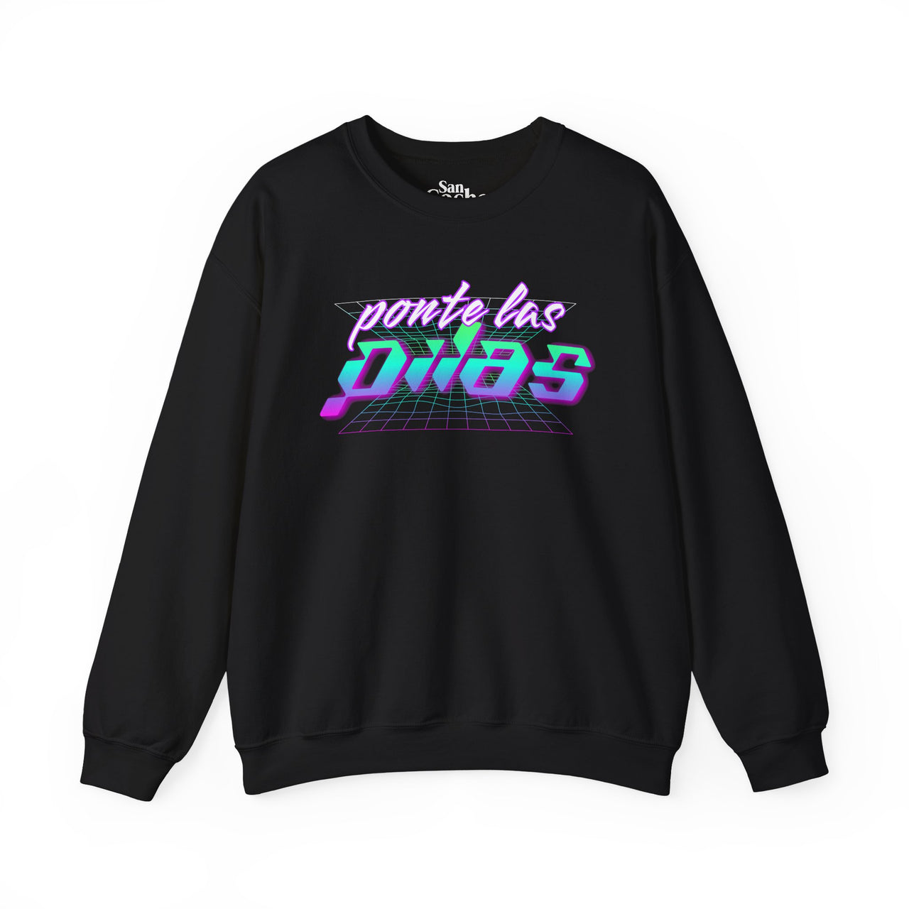 Black Gildan 18000 graphic crew neck sweatshirt expressing the sentiment "work harder" or "turn up" with the words "Ponte Las Pilas" on the front