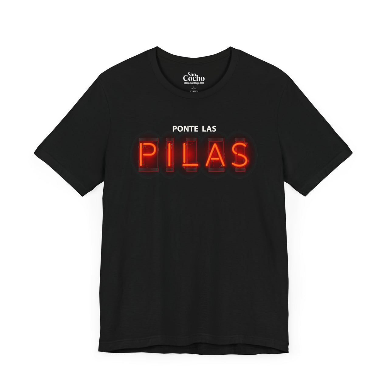 A black flat lay mockup of a Bella Canvas 3001 graphic tshirt expressing the sentiment "work harder" or "turn up" with the words "Ponte Las Pilas" on the front