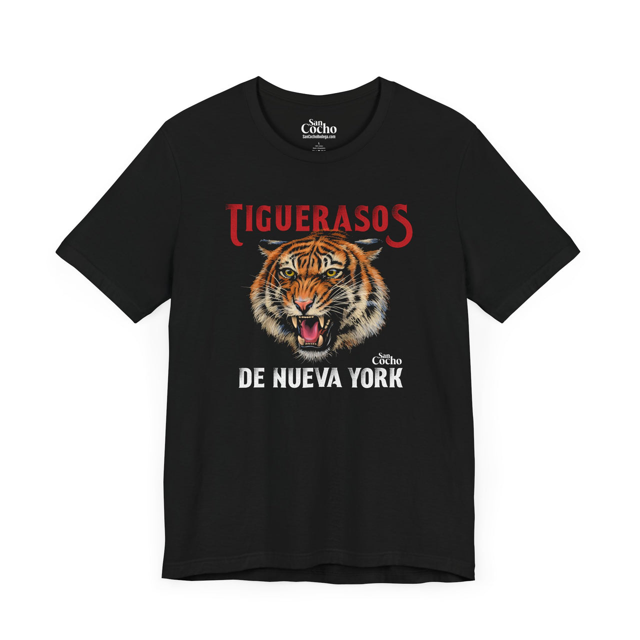 A black flat lay mockup of a Bella Canvas 3001 graphic tshirt with a realistic Tiger and the words "Tiguerasos de Nueva York - SanCocho" on the front