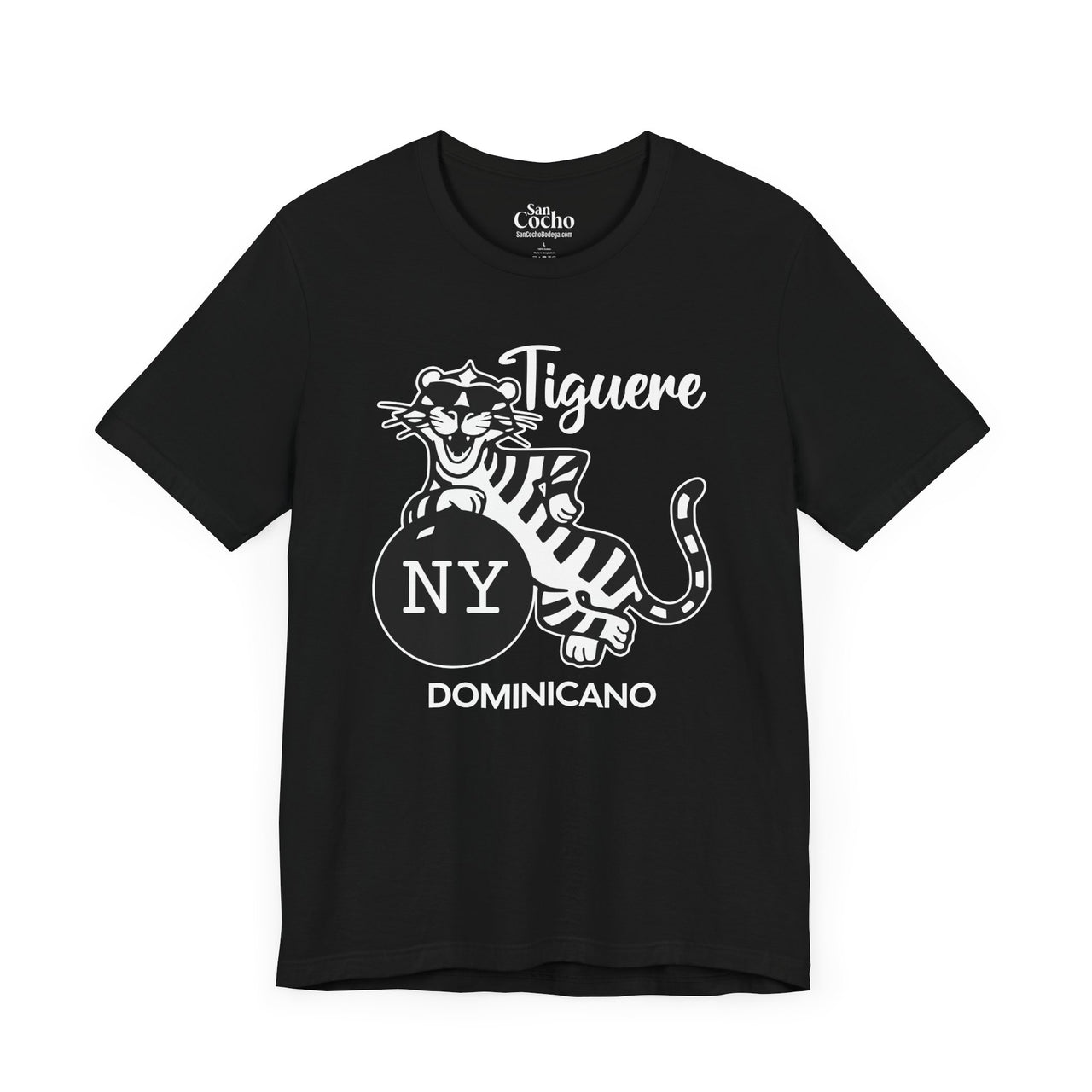 A black flat lay mockup of a  Bella Canvas 3001 graphic tshirt with a cartoon tiger and a bomb with the words "Tiguere NY Dominicano" on the front