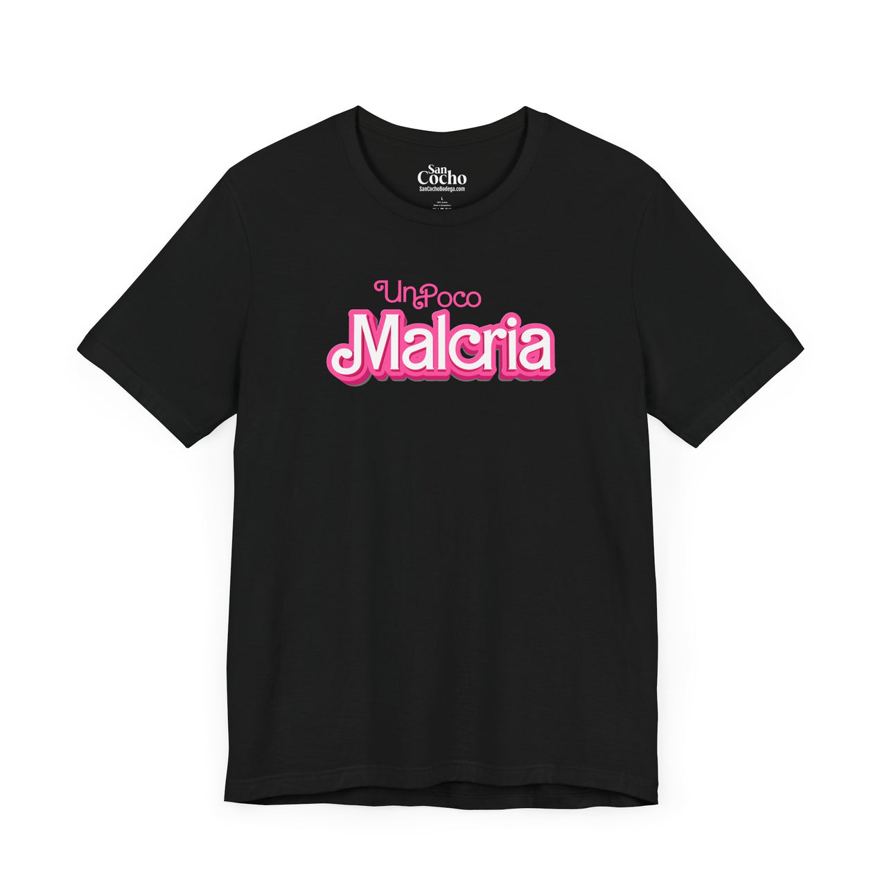 A black flat lay mockup of a Bella Canvas 3001 graphic tshirt with the words "Un Poco Malcria" in a barbie font on the front