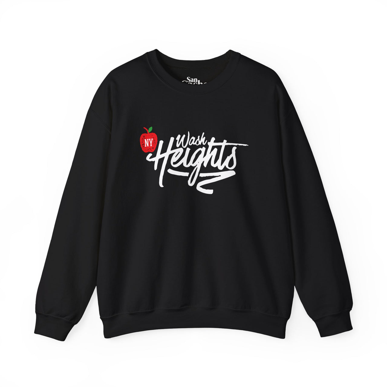 Black Gildan 18000 graphic crew neck sweatshirt with a apple with the letters "NY" inside it, and hand written graffiti font with the words "Wash Heights" on the front