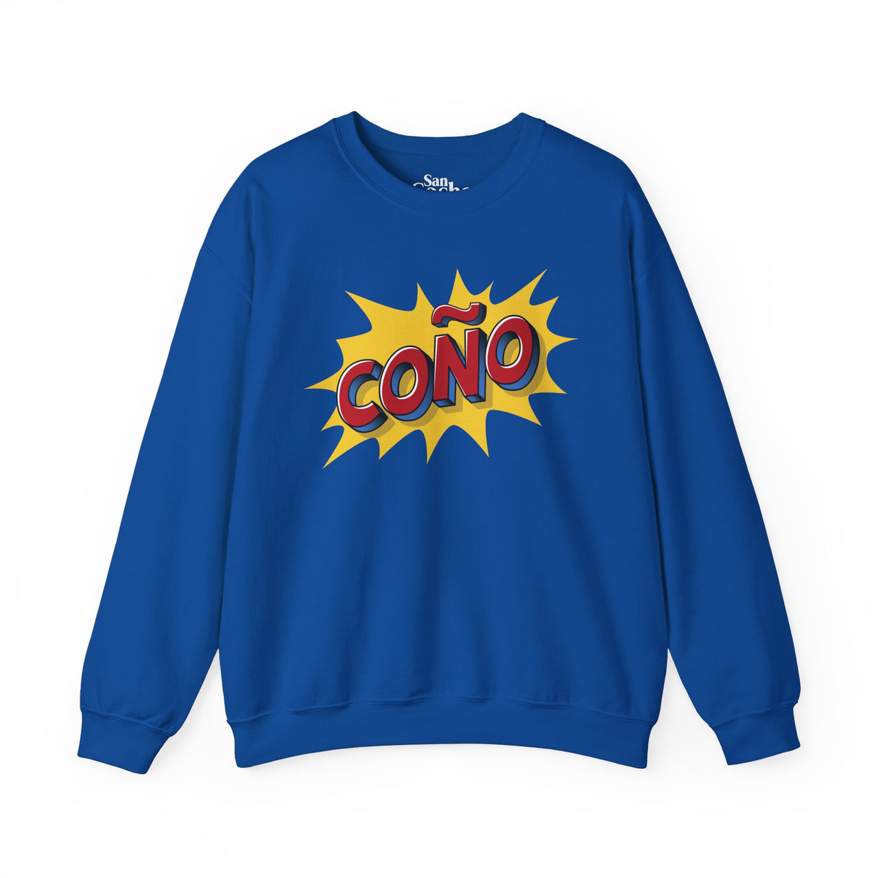 Blue Gildan 18000 crew neck graphic sweatshirt in comic book style with the words "Coño" on the front