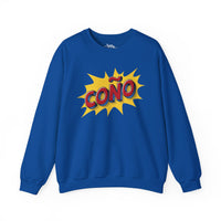 Thumbnail for Blue Gildan 18000 crew neck graphic sweatshirt in comic book style with the words 