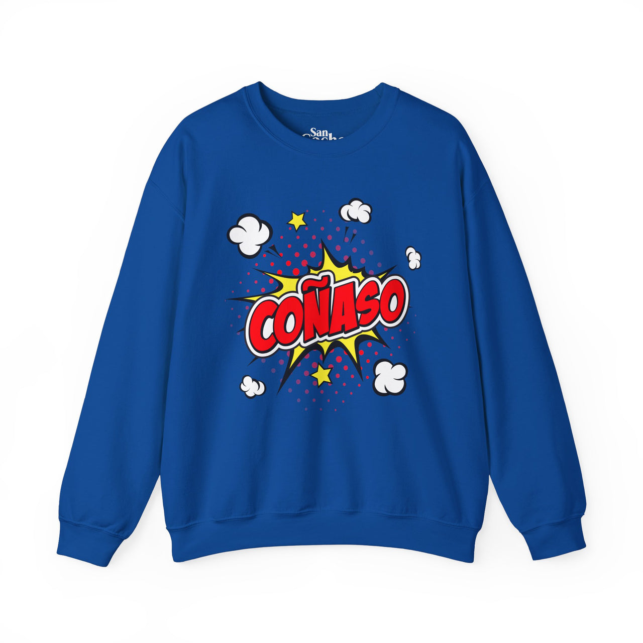 Blue Gildan 18000 graphic crew neck sweatshirt comic book style with the words "Coñaso" on the front