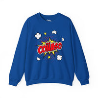 Thumbnail for Blue Gildan 18000 graphic crew neck sweatshirt comic book style with the words 