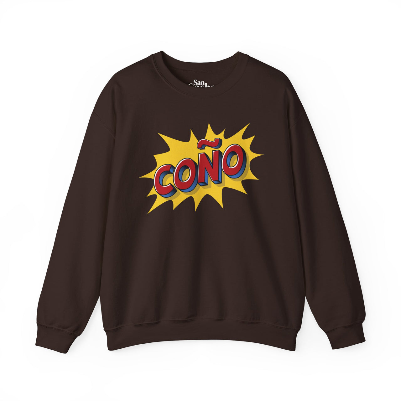 Brown Gildan 18000 crew neck graphic sweatshirt in comic book style with the words "Coño" on the front