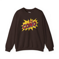 Thumbnail for Brown Gildan 18000 crew neck graphic sweatshirt in comic book style with the words 