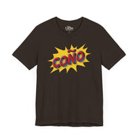 Thumbnail for A brown flat lay mockup of a graphic Bella Canvas 3001 graphic tshirt in comic book style with the words 