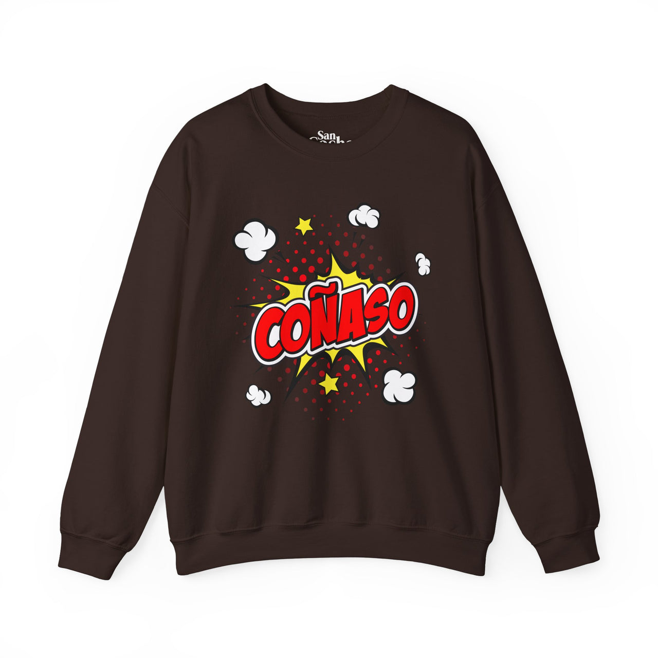 Brown Gildan 18000 graphic crew neck sweatshirt comic book style with the words "Coñaso" on the front