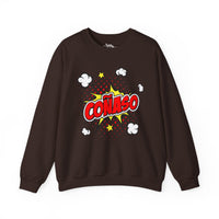 Thumbnail for Brown Gildan 18000 graphic crew neck sweatshirt comic book style with the words 