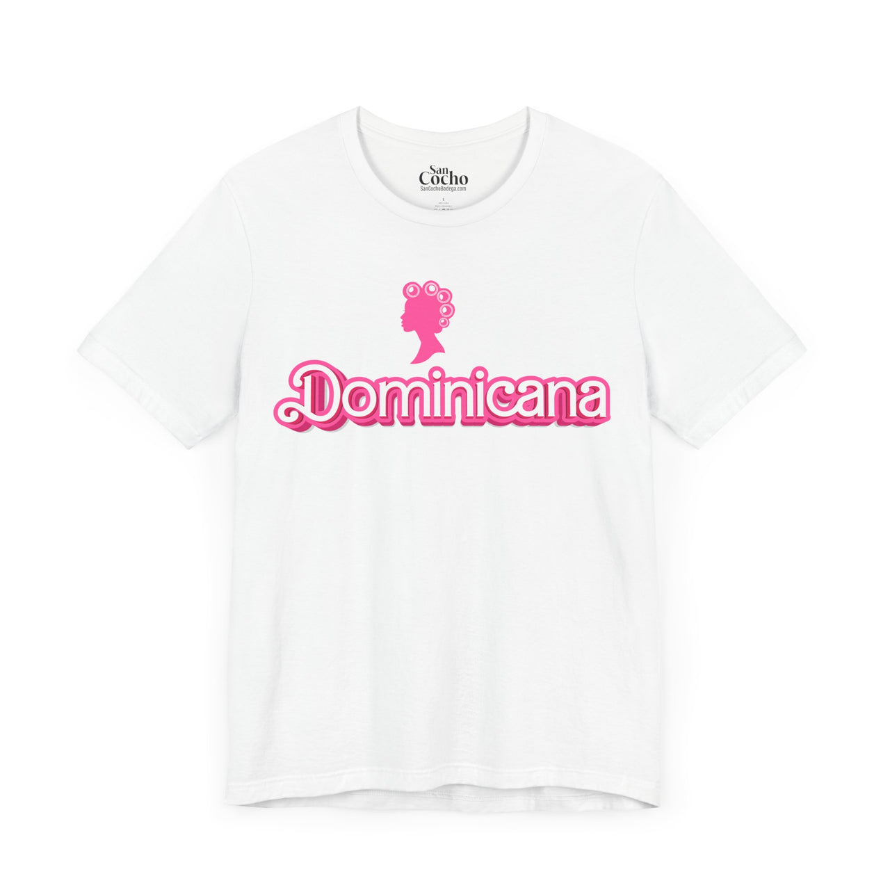 White Bella Canvas 3001 graphic tshirt with a Barbie con Rollos graphic and the words "Dominicana" on it