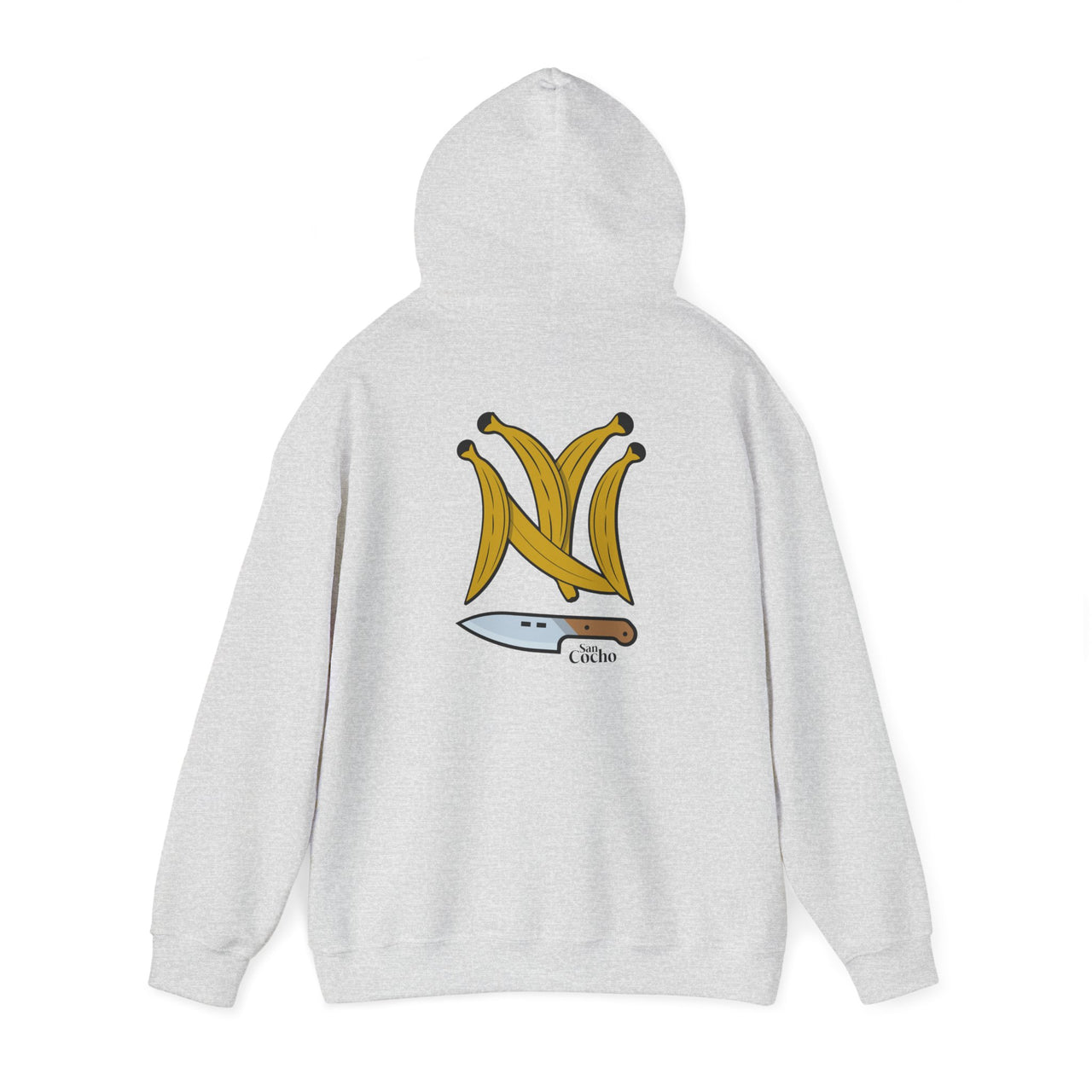 Flat lay Back of a ash gray Gildan 18500 graphic hoodie with Platanos Shaped Like the New York Yankees Logo and "SanCocho Bodega" Text on the back