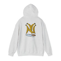 Thumbnail for Flat lay Back of a ash gray Gildan 18500 graphic hoodie with Platanos Shaped Like the New York Yankees Logo and 