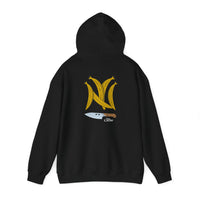 Thumbnail for Flat lay Back of a black Gildan 18500 graphic hoodie with Platanos Shaped Like the New York Yankees Logo and 