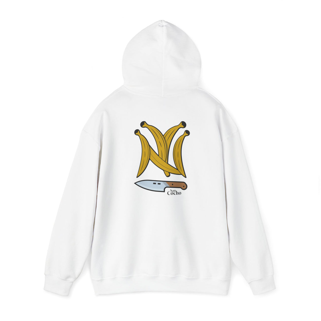 Flat lay Back of a white Gildan 18500 graphic hoodie with Platanos Shaped Like the New York Yankees Logo and "SanCocho Bodega" Text on the back