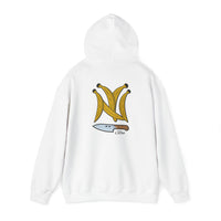 Thumbnail for Flat lay Back of a white Gildan 18500 graphic hoodie with Platanos Shaped Like the New York Yankees Logo and 