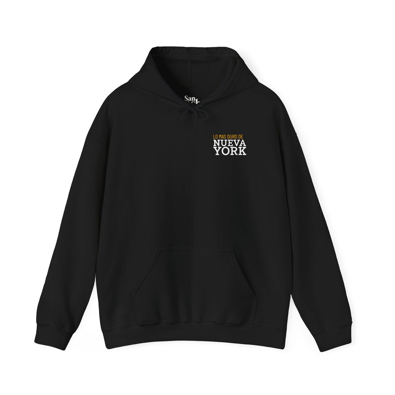 Flat lay black Gildan 18500 graphic hoodie with "Lo Mas Duro de Nueva York" Text on the front