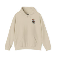 Thumbnail for Tan sand flat lay Gildan 18500 graphic hoodie with a skull drink on the front pocket area