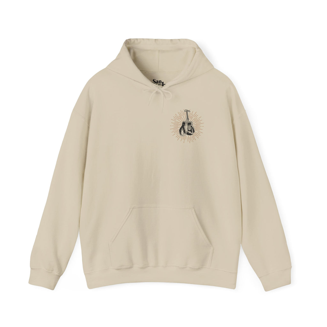 Flat lay mockup of tan sand colored Gildan 18000 graphic Hoodie with a vintage image of boxing gloves on the front pocket area