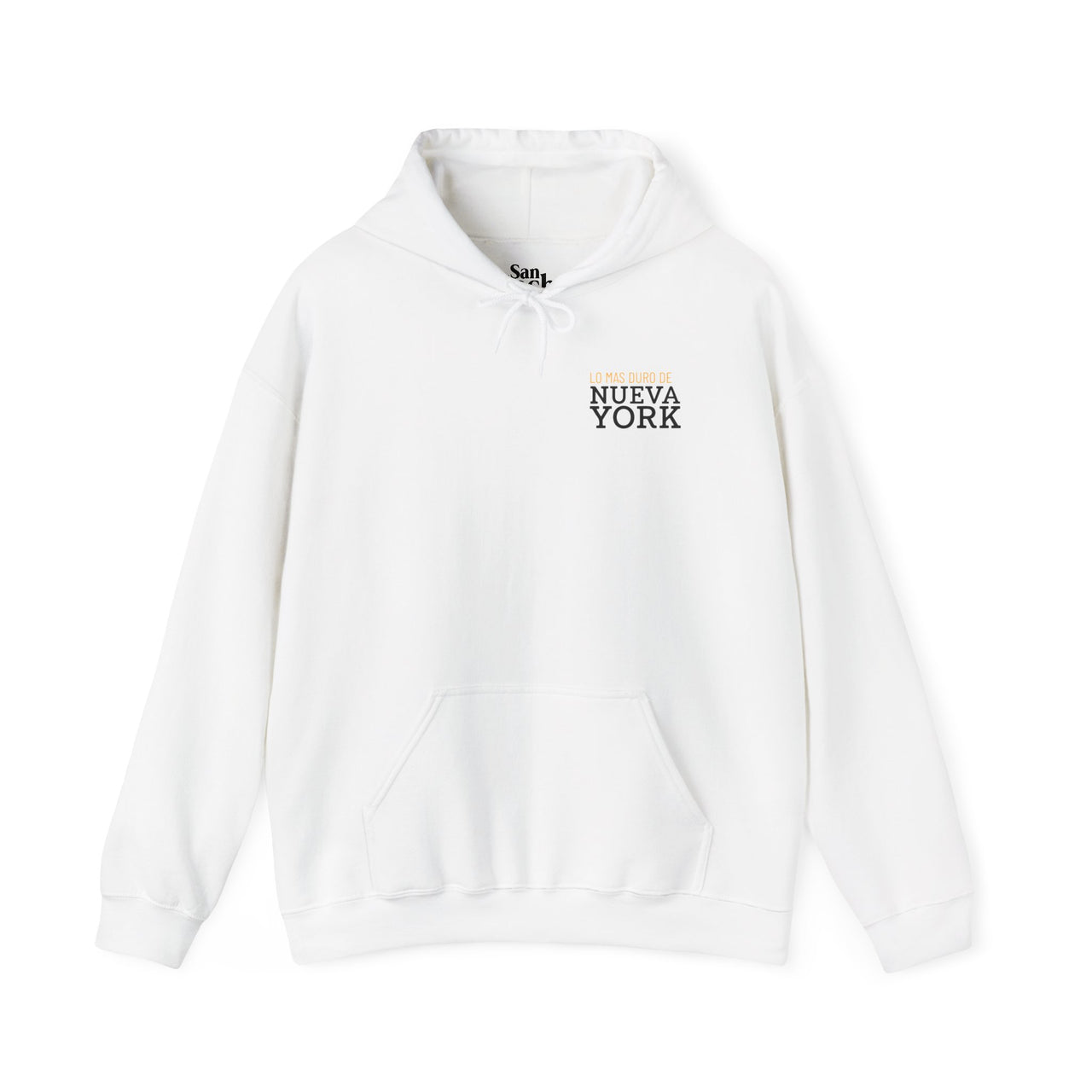 Flat lay white Gildan 18500 graphic hoodie with "Lo Mas Duro de Nueva York" Text on the front