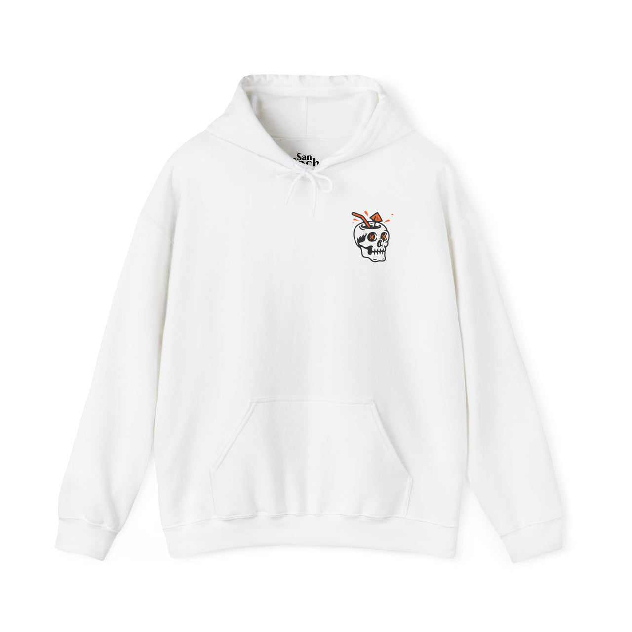 White flat lay Gildan 18500 graphic hoodie with a skull drink on the front pocket area