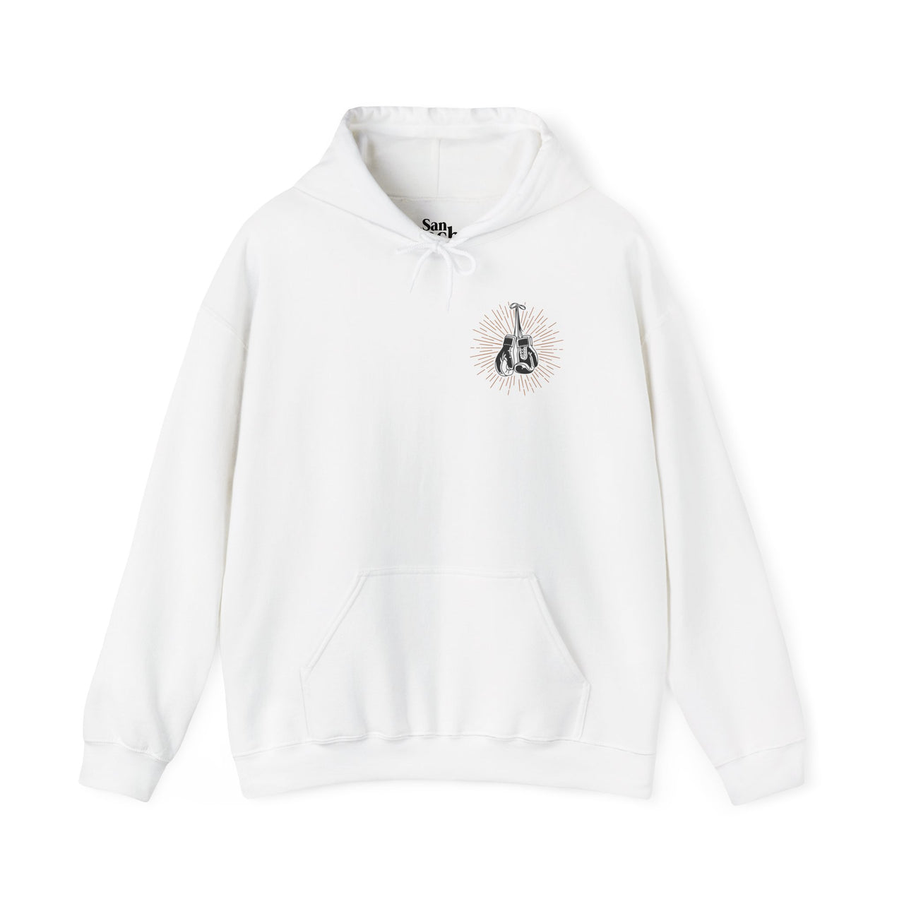 Flat lay mockup of white Gildan 18000 graphic Hoodie with a vintage image of boxing gloves on the front pocket area