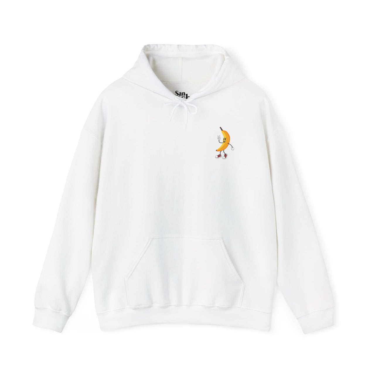 Flat lay white Gildan 18500 graphic hoodie with a vintage graphic of a plantain or platano