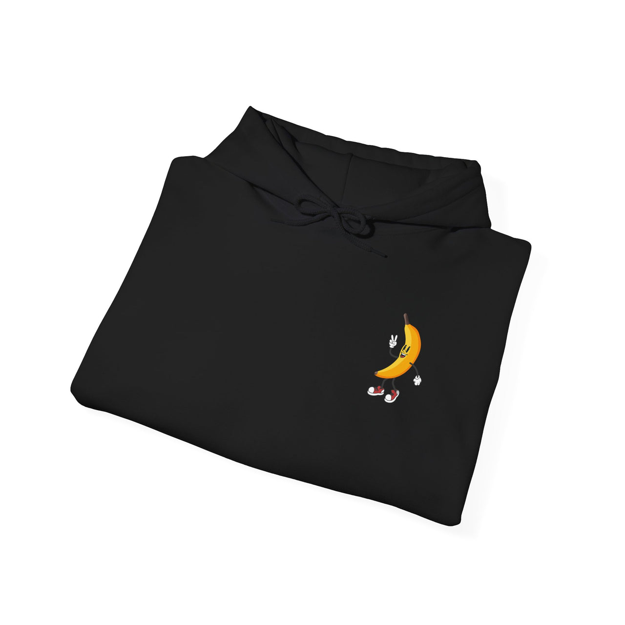 Folded black Gildan 18500 graphic hoodie with a vintage graphic of a plantain or platano