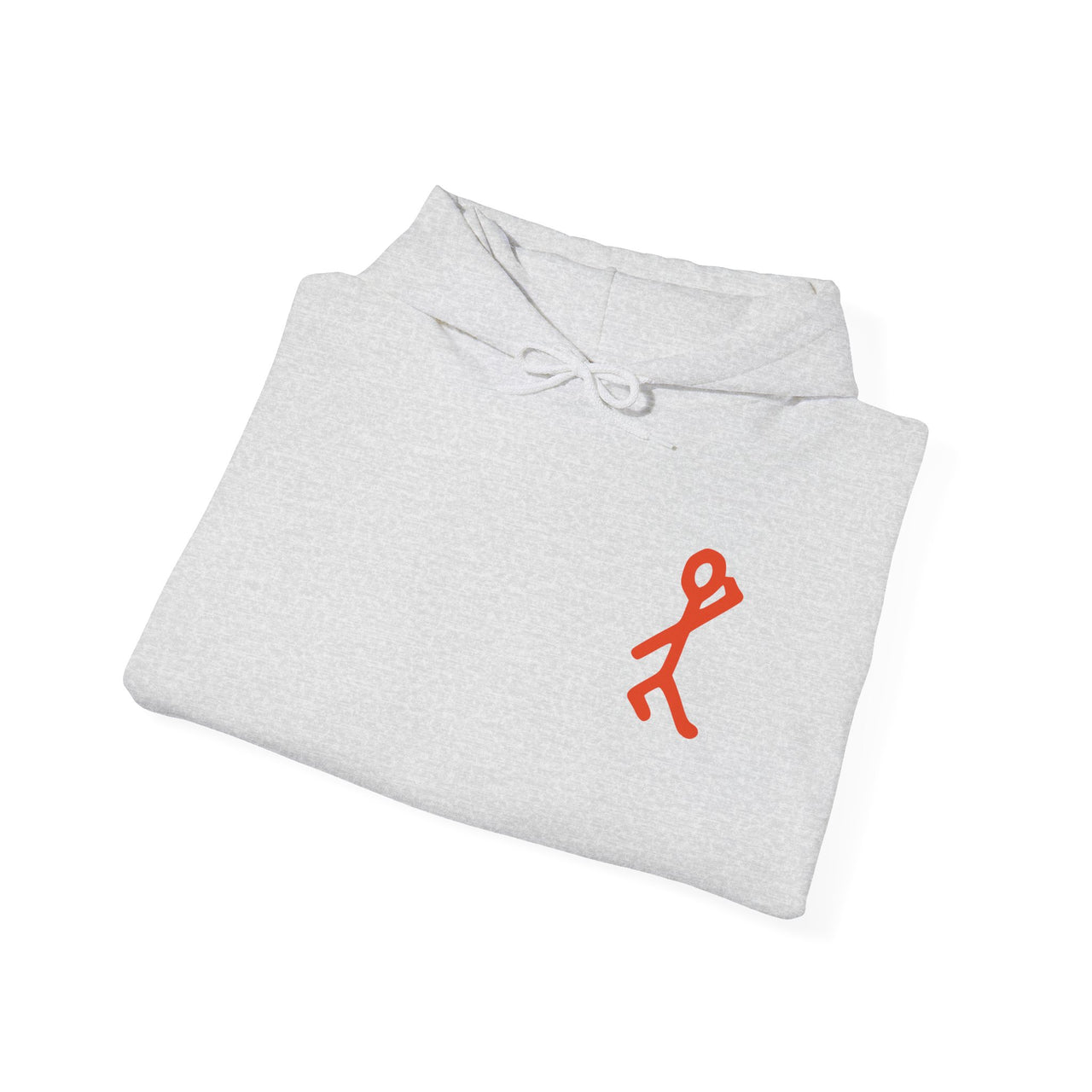 Folded flat-lay of a ash gray Gildan 18500 graphic Hoodie with a 80s style image of stick figure near the pocket in the Tribe Called Quest style