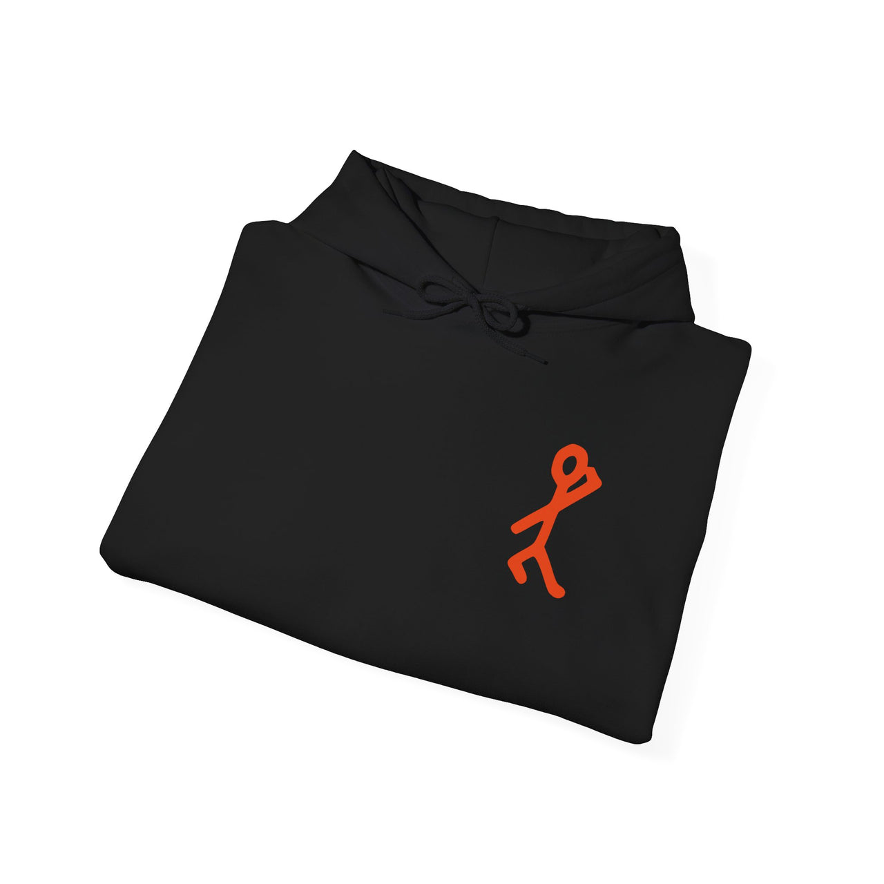 Folded flat-lay of a black Gildan 18500 graphic Hoodie with a 80s style image of stick figure near the pocket in the Tribe Called Quest style