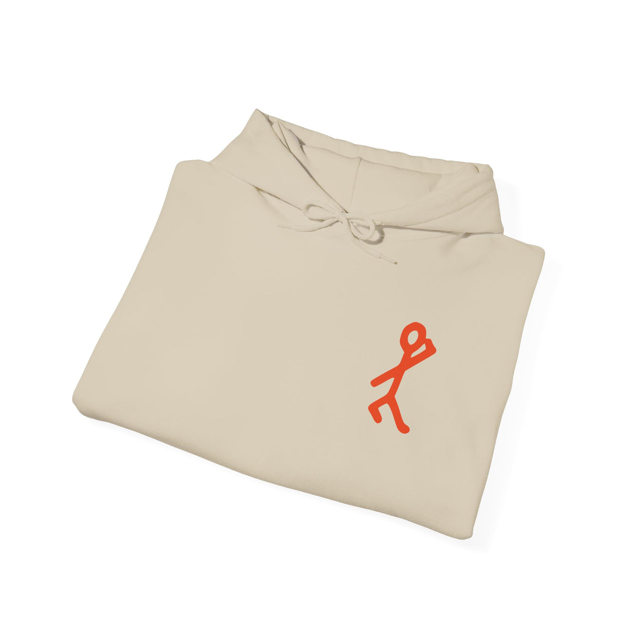 Folded flat-lay of a tan sand Gildan 18500 graphic Hoodie with a 80s style image of stick figure near the pocket in the Tribe Called Quest style