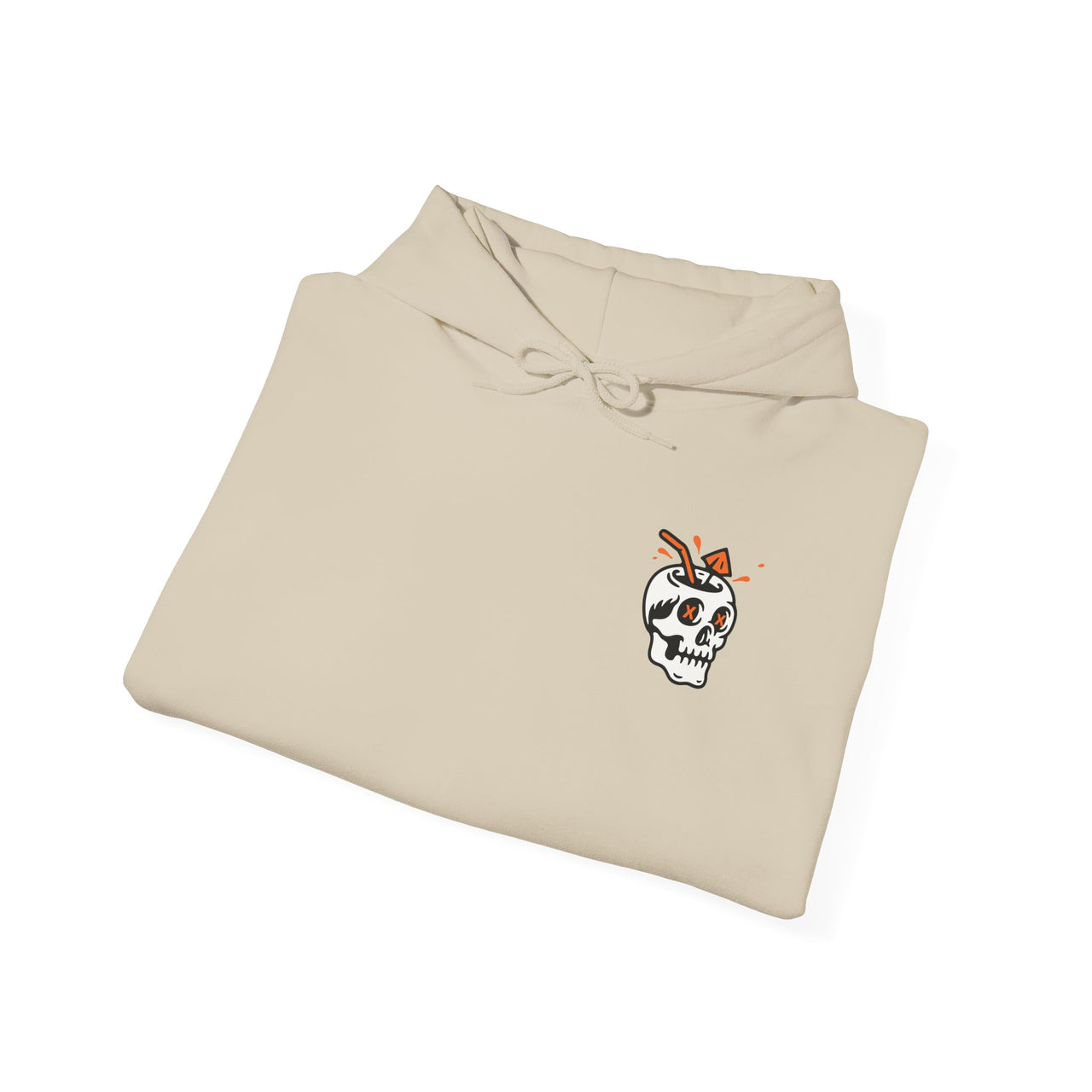 Tan sand folded flat lay Gildan 18500 graphic hoodie with a skull drink on the front pocket area