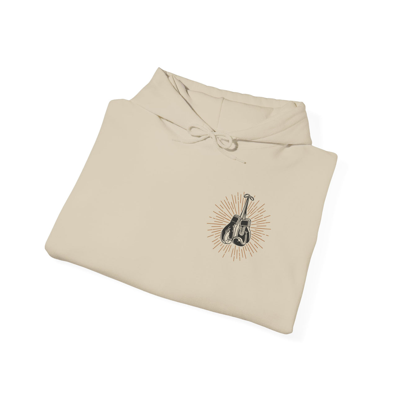 Folded flat lay mockup of tan sand colored Gildan 18000 graphic Hoodie with a vintage image of boxing gloves on the front pocket area