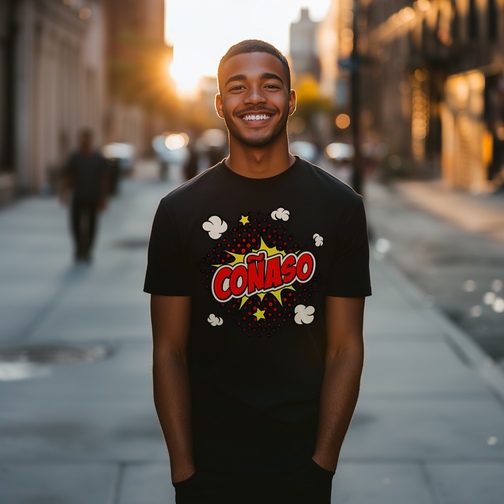 Good looking Dominican kid smiling wearing a Bella Canvas 3001 graphic tshirt comic book style with the words "Coñaso" on the front