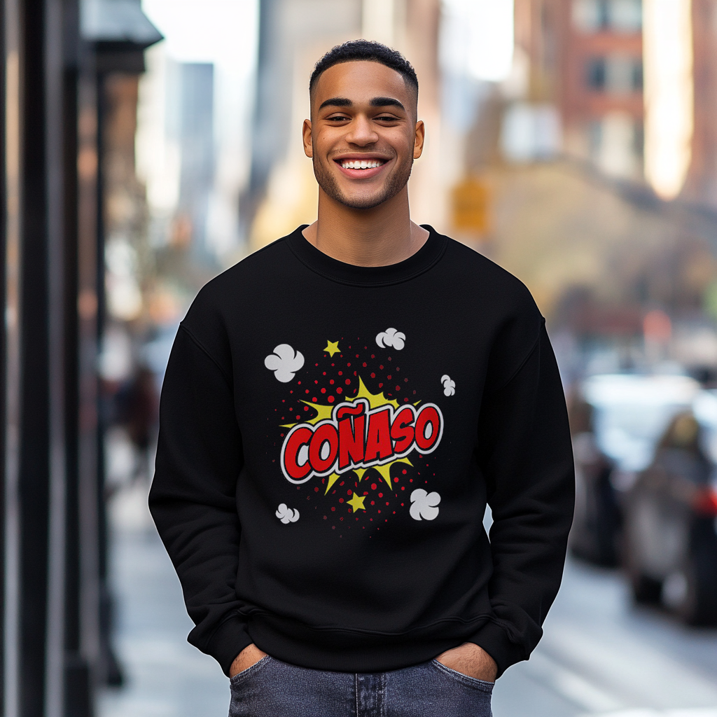 Good looking Dominican kid smiling wearing a Gildan 18000 graphic crew neck sweatshirt comic book style with the words "Coñaso" on the front