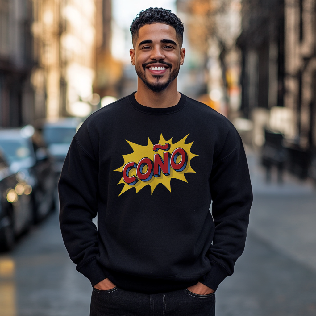 Good looking Dominican Papi smiling wearing a Gildan 18000 crew neck graphic sweatshirt in comic book style with the words "Coño" on the front