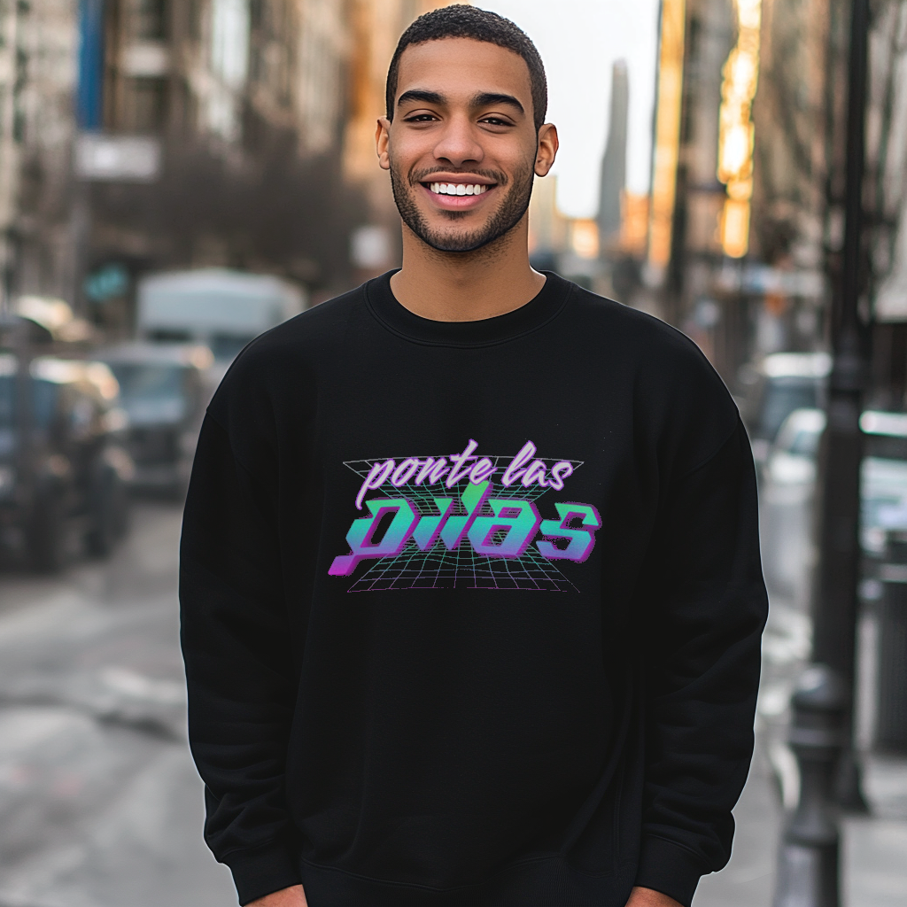 Handsome Gay Dominican man wearing an oversized Gildan 18000 graphic crew neck sweatshirt expressing the sentiment "work harder" or "turn up" with the words "Ponte Las Pilas" on the front