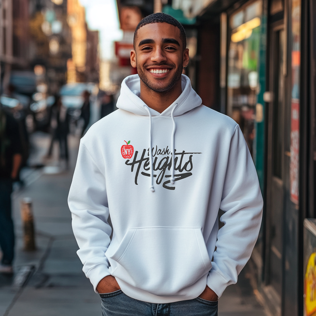 Good looking Dominican Papi wearing a Gildan 18500 graphic hoodie with a apple with the letters "NY" inside it, and hand written graffiti font with the words "Wash Heights" on the front